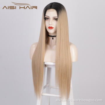 Aisi Hair 26 Inch Long Ombre Blonde Dark Root Lace Wig Cheap Silky Straight Synthetic Hair Lace Front Wigs For Black Women
